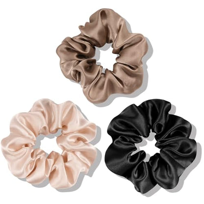 OLESILK 100% Mulberry Silk-Scrunchies for Hair Sleep, Women Grils Silk Hair Ties for Frizz & Breakage Curly Hair, No Damage, Elastics Ponytail Holder, 3 Pack - color: 3pcs, Black-Camel-Co Co