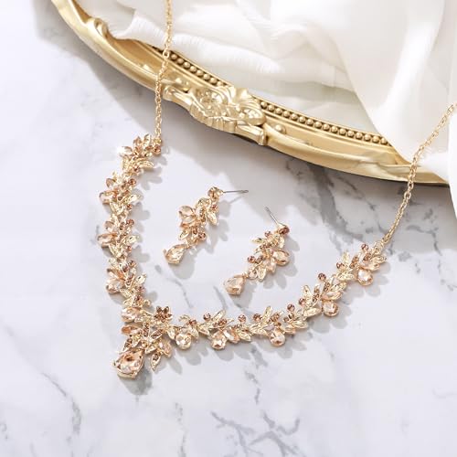 Women's Wedding Jewelry Set Leaf Flower for Bridal Prom Party | Stunning Crystal Teardrop Marquise Cluster Pendant Necklace Dangle Earrings Set for Bride Bridesmaid - color: Champagne Gold-Plated-Base