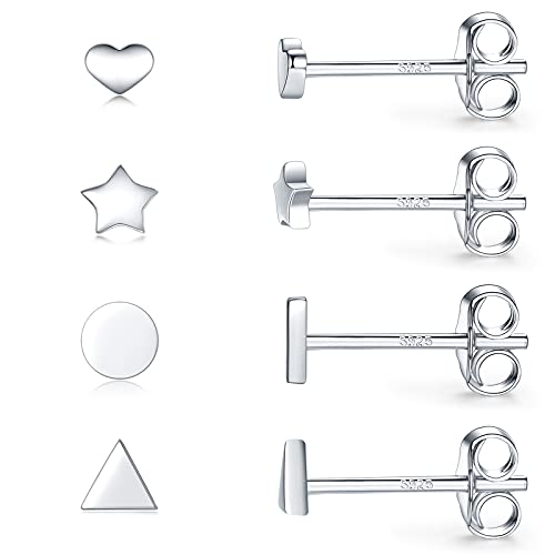 EPIRORA Sterling Silver Stud Earrings for Women Men- 4 Pairs of Hypoallergenic Simple Geometric Small Stud Earring Set Tiny Circle Triangle Square Bar Stud Earrings Mini Cartilage Tragus Earrings - style: Style 2- Silver