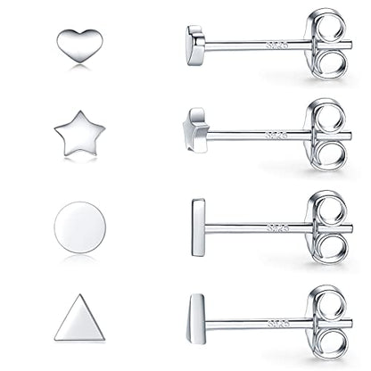 EPIRORA Sterling Silver Stud Earrings for Women Men- 4 Pairs of Hypoallergenic Simple Geometric Small Stud Earring Set Tiny Circle Triangle Square Bar Stud Earrings Mini Cartilage Tragus Earrings - style: Style 2- Silver