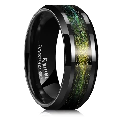 King Will Mens Galaxy Tungsten Wedding Band | 6mm/8mm, Beveled Edge, Comfort Fit, Durable, Sandstone Opal Inlay Polished, Everyday Wear - color: Black&Yellow&Green