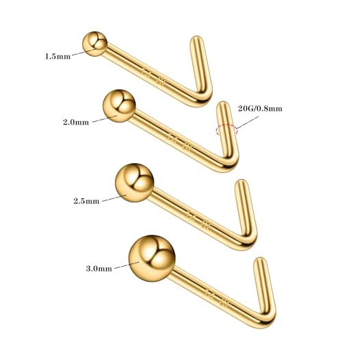 3 Pcs 14K Gold Filled Nose Studs 20G Stainless Steel Stud Nose Ring 2mm/2.5mm/3mm Round CZ L Bend Nose Stud Hypoallergenic Nose Piercing - color: gold 4
