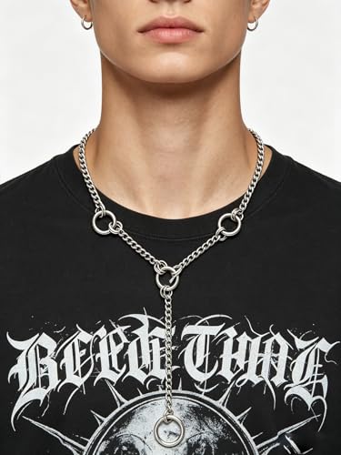 Slip Chain Necklace for Women Gothic Stainless Steel Bar Pendant Cuban Link Necklaces Adjustable Goth O Ring Long Necklaces Punk Rock Collar Choker Trendy Lariat Y Necklace - color: Silver 4 rings