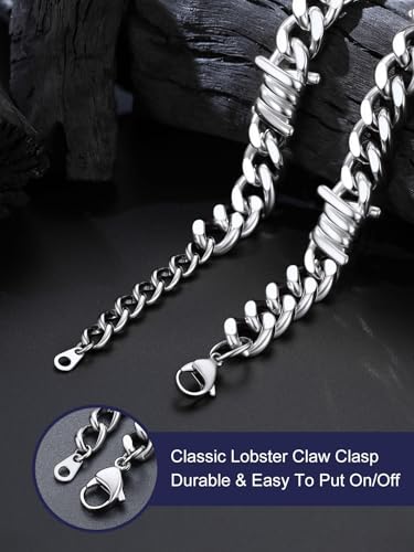 Bandmax Stainless Steel Barbed Wire Cuban Chain Necklace for Men & Women | Edgy Fierce Design, Waterproof & Tarnish Resistant, Silver/Black Tone, 5/7/9/12MM, 16-22 Inches, Street Punk Style Jewelry - color: B1 12MM-Silver, size: 18 Inch (46cm, Pop Choice)