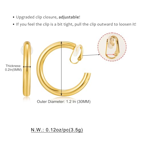 WOWORAMA Chunky Gold Hoop Clip On Earrings for Women | Large Chunky Hoops Clips Earrings, Polished Gold-Plated Clip-On Hoops, Statement Non Pierced Jewelry - color: 30mm Round Hoops