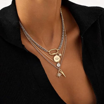 Mixed Metal Stack for Women, Multi Layered Two Tone Gold and Silver Coin Pendant Paperclip Stacked Necklace with Star and Celestial Charms, Chunky Trendy Statement Jewelry Gifts - color: Gold