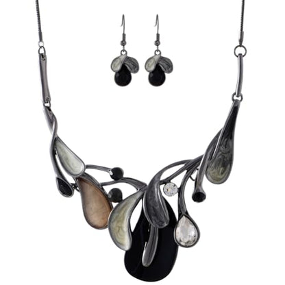 Chunky Statement Jewelry Set Vintage Retro Leaf Flower Floral Geometric Bohemian Boho Bib Necklace Earring Set Fashion Costume Jewelry for Women Girls Wedding Party Prom Unique Gift - style: teardrop leaf-black grey