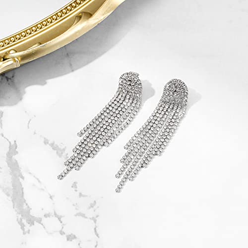 Clip-on Earrings Rhinestone Dangling for Women Fashion Long Chandelier Sparkle Crystal Tassel Dangle Drop Earring - color: Clear-Silver-Tone