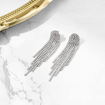 Clip-on Earrings Rhinestone Dangling for Women Fashion Long Chandelier Sparkle Crystal Tassel Dangle Drop Earring - color: Clear-Silver-Tone