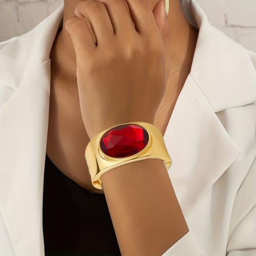 YBMYCM Gold Chunky Bangle Bracelets with Acrylic Inlay for Women Trendy Wide Chunky Cuff Bracelets Hammered Irregular Wrist Cuff Wrap Bracelet - style: Gold red
