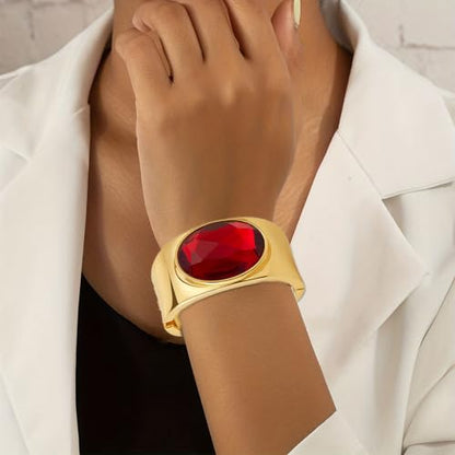YBMYCM Gold Chunky Bangle Bracelets with Acrylic Inlay for Women Trendy Wide Chunky Cuff Bracelets Hammered Irregular Wrist Cuff Wrap Bracelet - style: Gold red