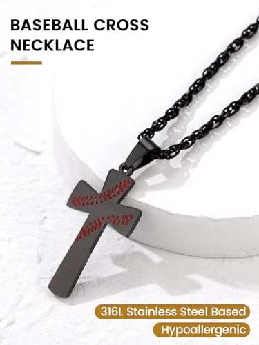 GOLDCHIC JEWELRY Sport Necklaces for Men Teen, Football Baseball Soccer Basketball Softball Necklaces with Stainless Steel Chain Athlete Jewelry Sports Fan Gift - color: Baseball Pattern Cross-Black, style: NO Engraving