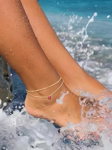 Suplight Gold Plated Butterfly Anklets for Women Waterproof, Layered Boho Ankle Bracelet with Birthstone, Stainless Steel Adjustable Non-Tarnish Heart Foot Jewelry Beach Vacation - color: 07. Heart-July. Ruby