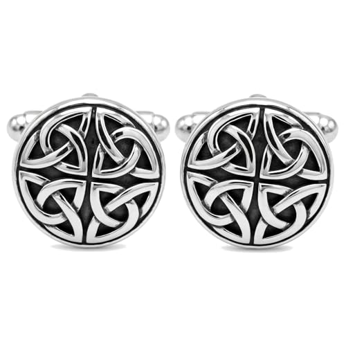 Alexander Castle Men's Cufflinks 925 Sterling Silver Oxidized Celtic - 15mm Round Celtic Trinity Cuff Links with Jewelry Gift Box