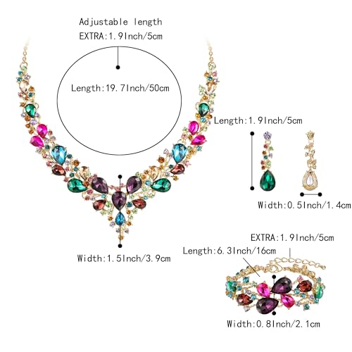 Wedding Bridal Jewelry Set for Women Bride Bridesmaids | Gorgeous Austrian Crystal Teardrop Cluster Statement Necklace Dangle Earrings Link Bracelet Set Prom Jewellery - color: 22-Multicolor Gold-Plated-Base