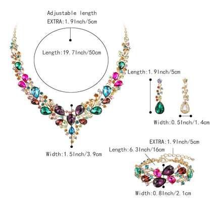 Wedding Bridal Jewelry Set for Women Bride Bridesmaids | Gorgeous Austrian Crystal Teardrop Cluster Statement Necklace Dangle Earrings Link Bracelet Set Prom Jewellery - color: 22-Multicolor Gold-Plated-Base