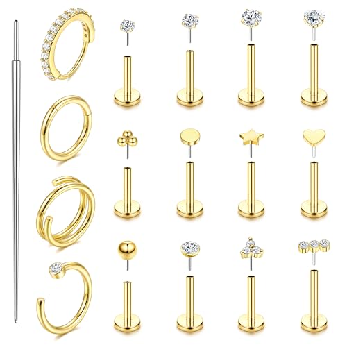 ORAZIO 14K Gold Filled Nose Rings Studs Hoops for Women Men 20G 18G Hypoallergenic Surgical Steel Push in Threadless Flat Back Earrings CZ Helix Tragus Lip Cartilage Medusa Nostril Piercing Jewelry - color: 14K Gold Plated, size: 16g=1.2mm