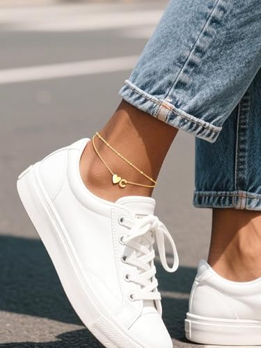 Ankle Bracelets for Women Waterproof 14K Gold/Silver/Black Initial Anklet for Women Dainty Layered Heart Ankle Bracelets Stainless Steel Adjustable Foot Chain Anklet Summer Beach Jewelry - color: C-Gold