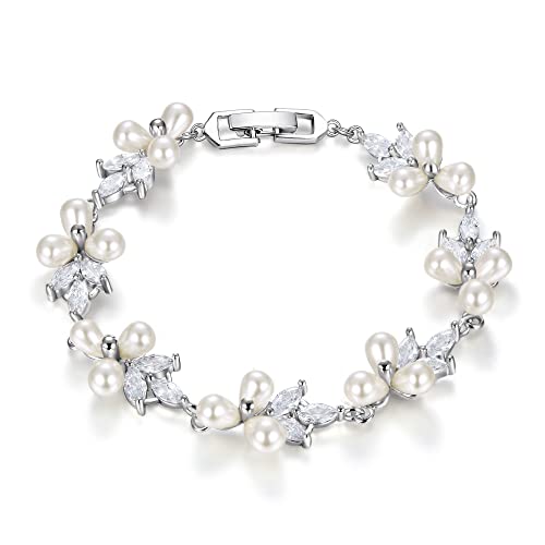 EVER FAITH Cubic Zirconia Pearl Bridal Prom Tennis Bracelet for Women | Elegant Pear CZ Wedding Jewelry Gift, for Bride Bridesmaid - style: Leaf_Silver-Plated-Brass