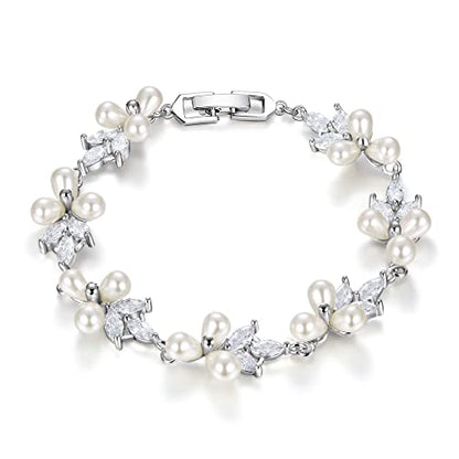EVER FAITH Cubic Zirconia Pearl Bridal Prom Tennis Bracelet for Women | Elegant Pear CZ Wedding Jewelry Gift, for Bride Bridesmaid - style: Leaf_Silver-Plated-Brass