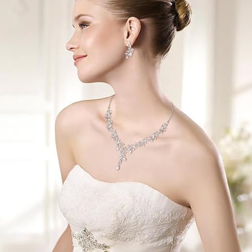 BriLove Wedding Jewelry Set for Women Bride, Y-Necklace Dangle Earrings Crystal Teardrop Leaf Flower Cluster Bridal Bridesmaid - color: 01-Clear