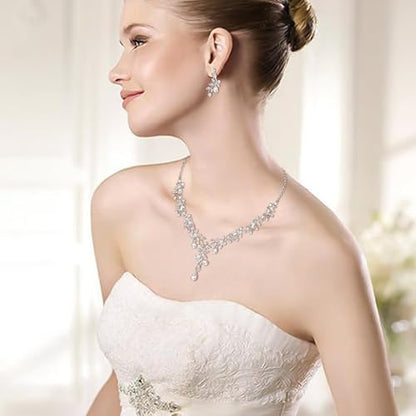 BriLove Wedding Jewelry Set for Women Bride, Y-Necklace Dangle Earrings Crystal Teardrop Leaf Flower Cluster Bridal Bridesmaid - color: 01-Clear