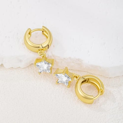 Gold Huggie Dangle Earrings for Women Chunky Hoop Huggies Cubic Zirconia Drop Earring Diamond Crystal Charm Statement Teardrop Earrings Jewelry Gifts - color: Gold-Star