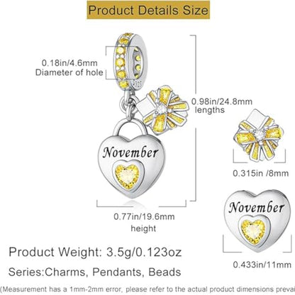 Love Heart Birthstone Dangle Charms Compatible with Pandora Bracelets | 925 Sterling Silver 5A Cubic Zirconia Mother's Day Christmas Birthday Birthstone Gifts Bead Charm Pendants Women Jewelry - color: November Dangle Birthstone Charms