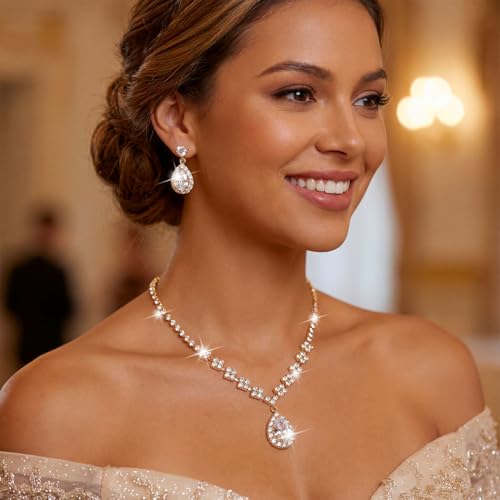 Unicra Bride Crystal Necklace Earrings Set Bridal Wedding Jewelry Sets Rhinestone Choker Necklace Prom Costume Jewelry Set for Women and Brides - color: Gold