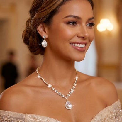 Unicra Bride Crystal Necklace Earrings Set Bridal Wedding Jewelry Sets Rhinestone Choker Necklace Prom Costume Jewelry Set for Women and Brides - color: Gold