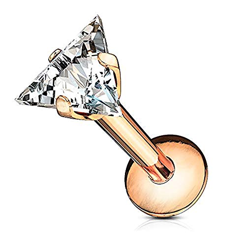 Forbidden Body Jewelry 16g Internally Threaded Surgical Steel Triangle CZ Labret Stud (Pick Color/Length) - color: Rose Gold - 1/4" (6mm)
