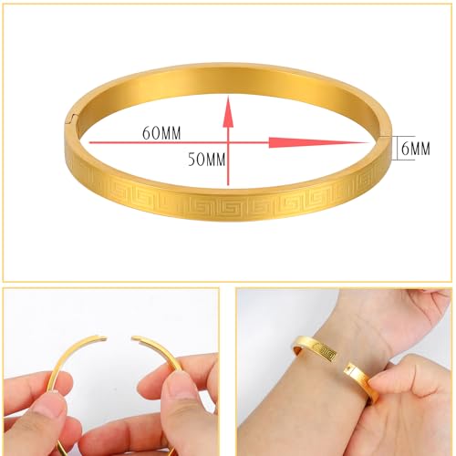 4/6/8MM Greek Key Meander Bracelet Oval Stainless Steel Bangle Cuff Gifts for Women Men - color: Gold, size: 6mm