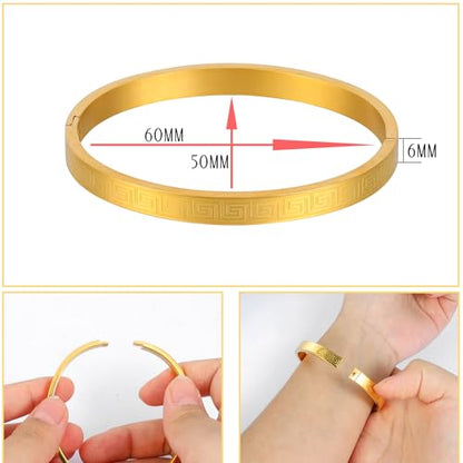 4/6/8MM Greek Key Meander Bracelet Oval Stainless Steel Bangle Cuff Gifts for Women Men - color: Gold, size: 6mm