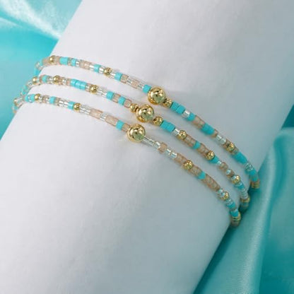 Colorful Gold Beaded Bracelets for Women Boho Tiny Gold Plated Ball Stretch Stackable Small Seed Beads Bracelet Stack Trendy Jewelry Set Dainty Vacation Friendship Christmas Gifts for Women - color: Green
