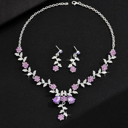Kamirola Women's Wedding Jewelry Leaf Cluster Flower Crystal Dangle Earrings Pendant Necklace Set for BridalCrystal Bridal Jewelry Set - color: Silver Purple