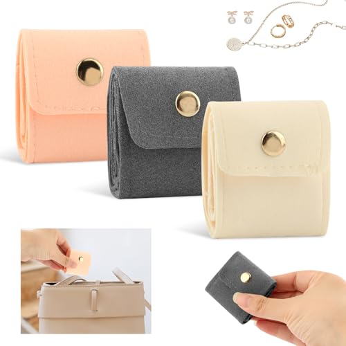 3 Pack Mini Travel Jewelry Organizer Roll, Foldable PU Jewelry Pouches | Snap Closure Anti-Tangle Storage for Earrings, Rings and Necklaces, Compact Gift for Women, 1.97 x 1.81 in Folded