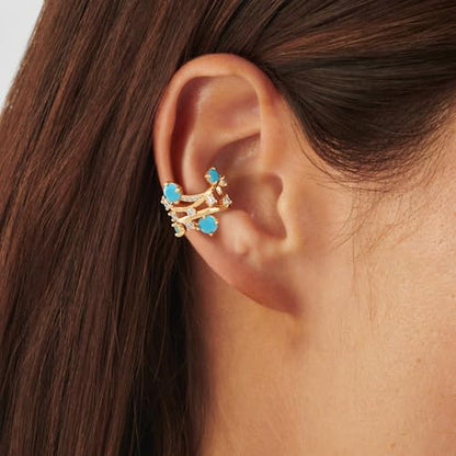 Ear Cuff Earrings for Women 14K Gold Plated Created Turquoise Cubic Zirconia Sparkling Boho Hollow Huggie Ear Cuffs Non Piercing | Clip On Cartilage | Single - color: Turquoise Whirl