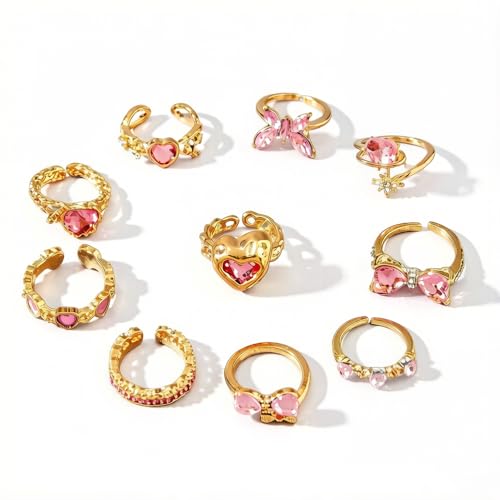 10pcs Sparkly Crystal Love Heart Ring Set for Women Adjustable Bowknot Butterfly Finger Ring Stackable Pink Rhinestone Heart Open Ring Jewelry Gifts - color: Gold