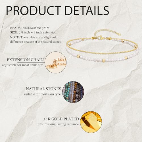 Gold Ankle Bracelet for Women Waterproof, Dainty Natural Stone Bead Anklet Adjustable Double Ankle Chain Summer Beach Boho Foot Jewelry Anniversary Birthday Gifts - color: Moonstone