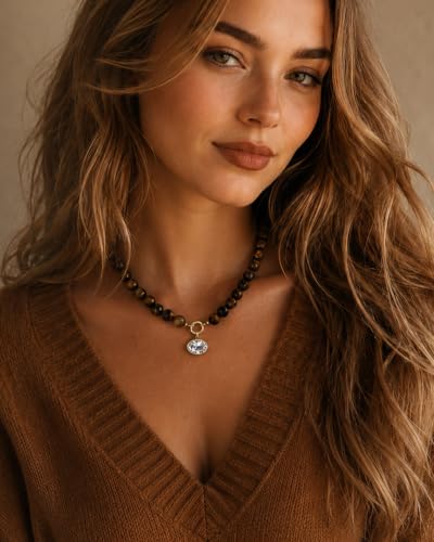 Natural Stone Beaded Necklace for Women 10mm Round Tiger Eye Bead Choker with Detachable Crystal Pendant Adjustable Boho Statement Jewelry Gift