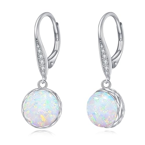 925 Sterling Silver 8mm Pearl Dangle Drop Earrings Moonstone Larimar Opal Rose Quartz Black Pearl Leverback Earrings for Women Christmas Gifts for Her - style: Opal Earrings