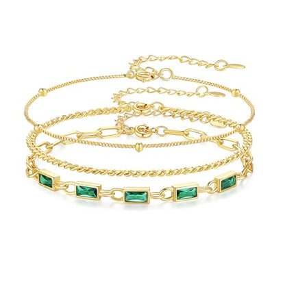 Gold Birthstone Bracelet for Women, 18K Gold Plated Layered Jewelry Bracelet Set, Womens Dainty Stackable Bracelets Link Paperclip Chain Valentines Day Gift for Wife Her - color: Gold-05-May