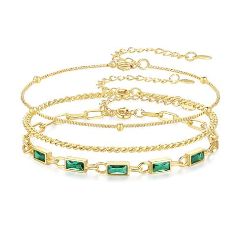 Gold Birthstone Bracelet for Women, 18K Gold Plated Layered Jewelry Bracelet Set, Womens Dainty Stackable Bracelets Link Paperclip Chain Valentines Day Gift for Wife Her - color: Gold-05-May