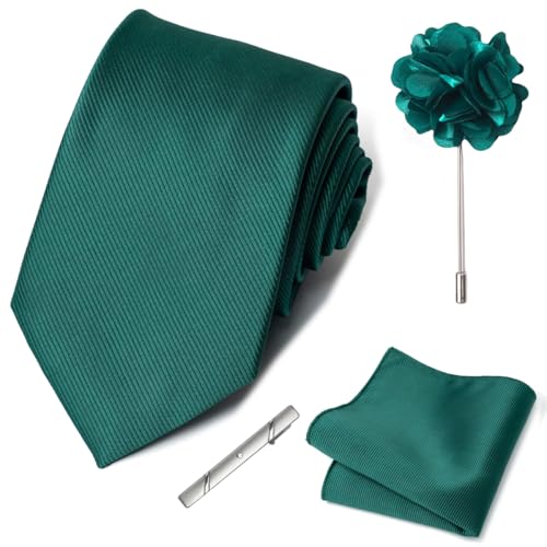 joy alice 30 Colors Solid Ties for Man Pure Color Men's Tie Set with Lapel Pin Pocket Square Tie Clip - color: Emerald Green