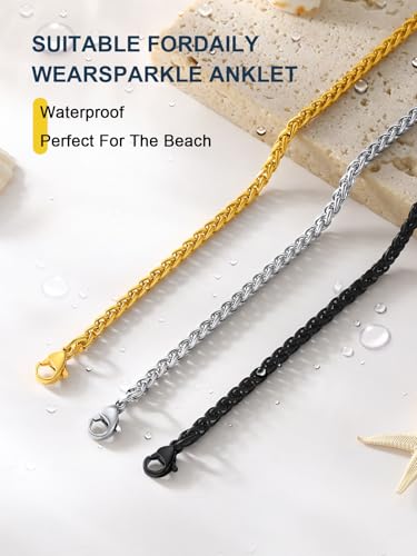 ChainsPro Resizable Anklet Chain for Women Men, Figaro/Wheat/Twist Rope/Cuban Foot Bracelet-Strong with Good Clasp-18K Gold Plated(Send Gift Box) - color: 10:wheat-Gold Plated