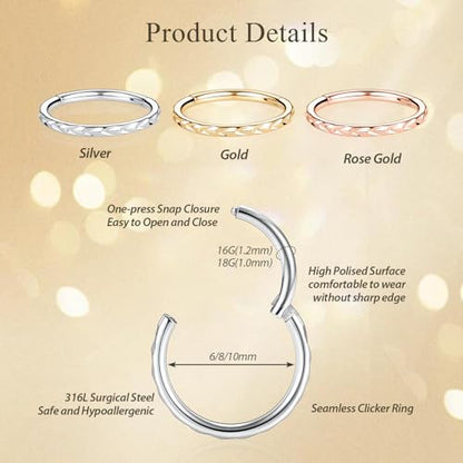 FUNLMO 16G 18G Nose Ring Hoop Septum Ring Helix Tragus Conch Rook Daith Lip Piercing Jewelry Cartilage Earring 316L Surgical Steel - color: Rose gold