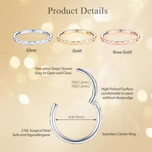 FUNLMO 16G 18G Nose Ring Hoop Septum Ring Helix Tragus Conch Rook Daith Lip Piercing Jewelry Cartilage Earring 316L Surgical Steel - color: Silver