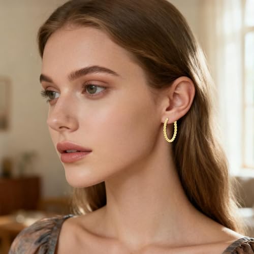 14K Gold Braided Texture Hoop Earring, 32/40mm Twist Rope Design Round Hoop Earrings for Women Gold Jewelry Gifts for women - style: Braided Earrings-31mm