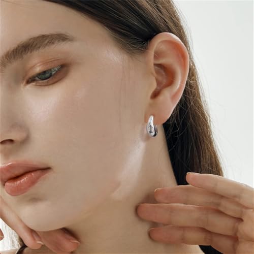 Danity CZ Star Teardrop Small Hoop Earrings for Women 14k Gold/Silver Plated Chunky Crystal Cubic Zirconia Oval Thick Huggie Hoops Hypoallergenic Fashion Trendy Jewelry - color: Silver