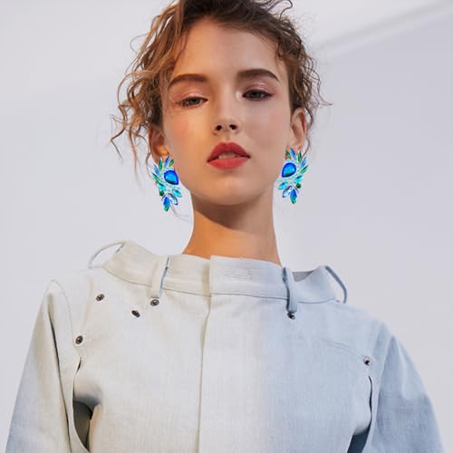 Bohemian Dainty Sparkly Crystal Teardrop Flower Dangle Drop Earrings Unique Lightweight Glitter Rhinestone Geometry Floral Stud Earrings For Women - style: Blue